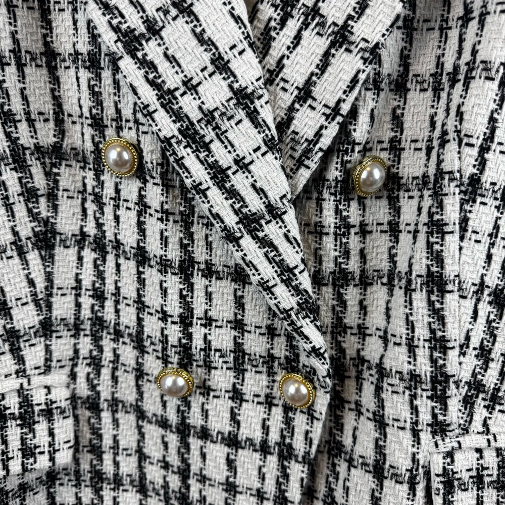 Nanette Lepore Double Breasted Windowpane Cream Tweed Plaid Blazer Sz 12 - Picture 6 of 11